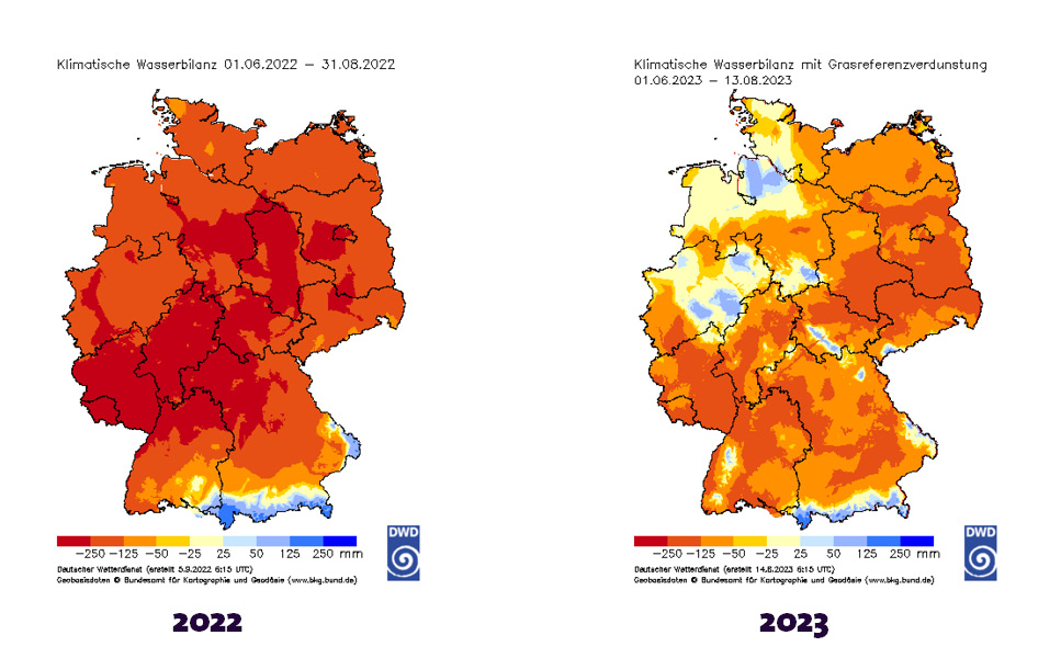 Die Infografik des Deutschen Wetterdienste zeigt die klimatische Wasserbilanz von 2022 im Vergleich zu 2022, um die Wetterbedingungen für die Getreidernte in Deutschland zu erklären.