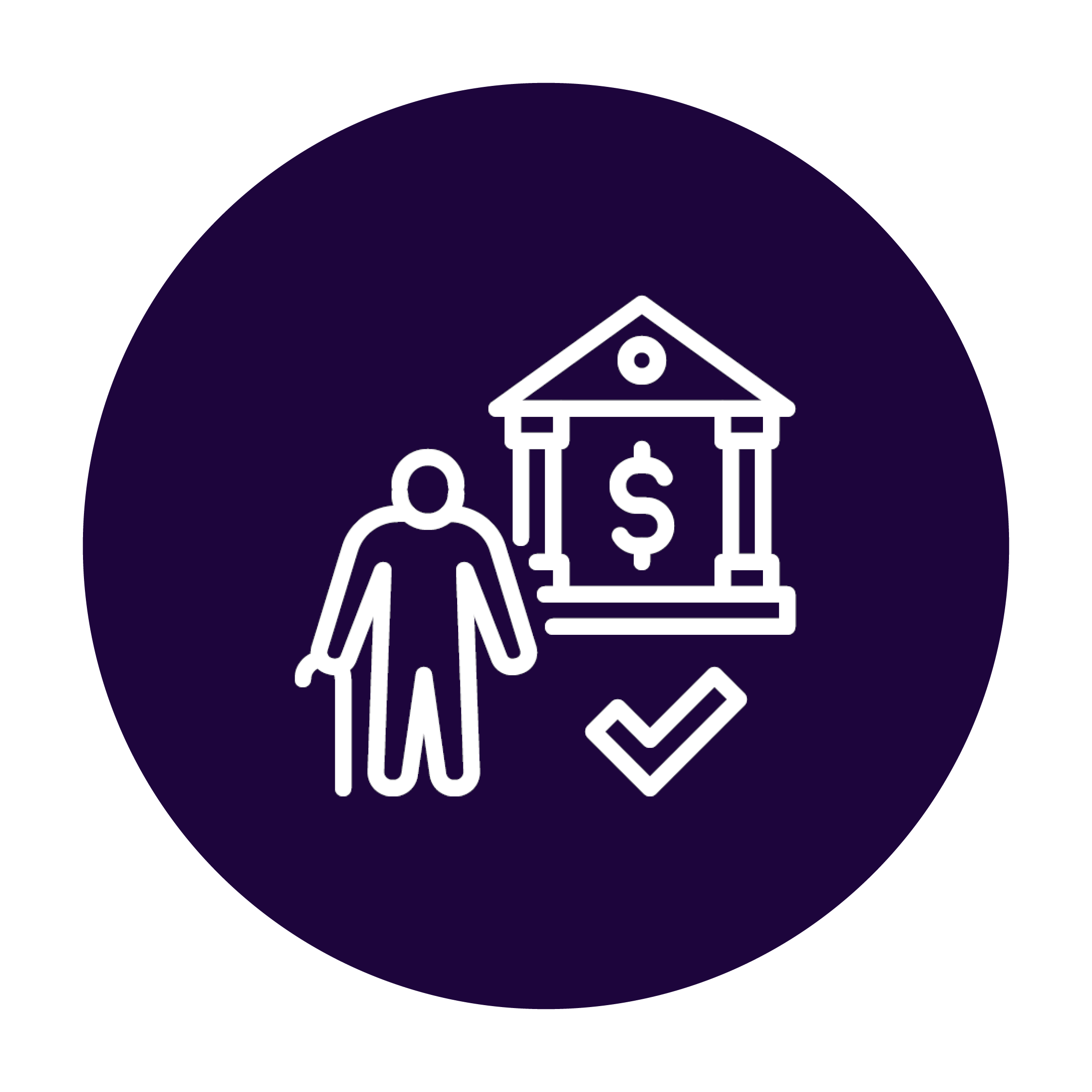 Icon für Nestlé Pensionskasse Visueller Aufbau: •	Kreisförmiges Icon mit dunkelviolettem Hintergrund •	Weiße Liniengrafik im minimalistischen Stil Symbolelemente: •  Bankgebäude: Stilisiertes Gebäude mit Säulen im klassischen Bankenstil  •  Dollar-/Euro-Zeichen: Geldsymbol im oder am Gebäude  •  Person mit Gehstock: Figur einer älteren Person, symbolisiert das Rentenalter  •  Häkchen/Checkmark: Bestätigungssymbol für Sicherheit und Absicherung Bedeutung der Symbolik: Das Icon visualisiert die betriebliche Altersvorsorge durch die Nestlé Pensionskasse. Das Bankgebäude mit Geldsymbol steht für finanzielle Institutionen und Geldanlage, die Person mit Gehstock repräsentiert das Rentenalter, und das Häkchen symbolisiert die Sicherheit und Gewissheit der Altersabsicherung. Designsprache: •	Reduzierte, professionelle Liniengraphik •	Einheitliche Strichstärke •	Hoher Kontrast (weiß auf aubergine) •	Teil einer zusammenhängenden Icon-Serie für Mitarbeiter-Benefits