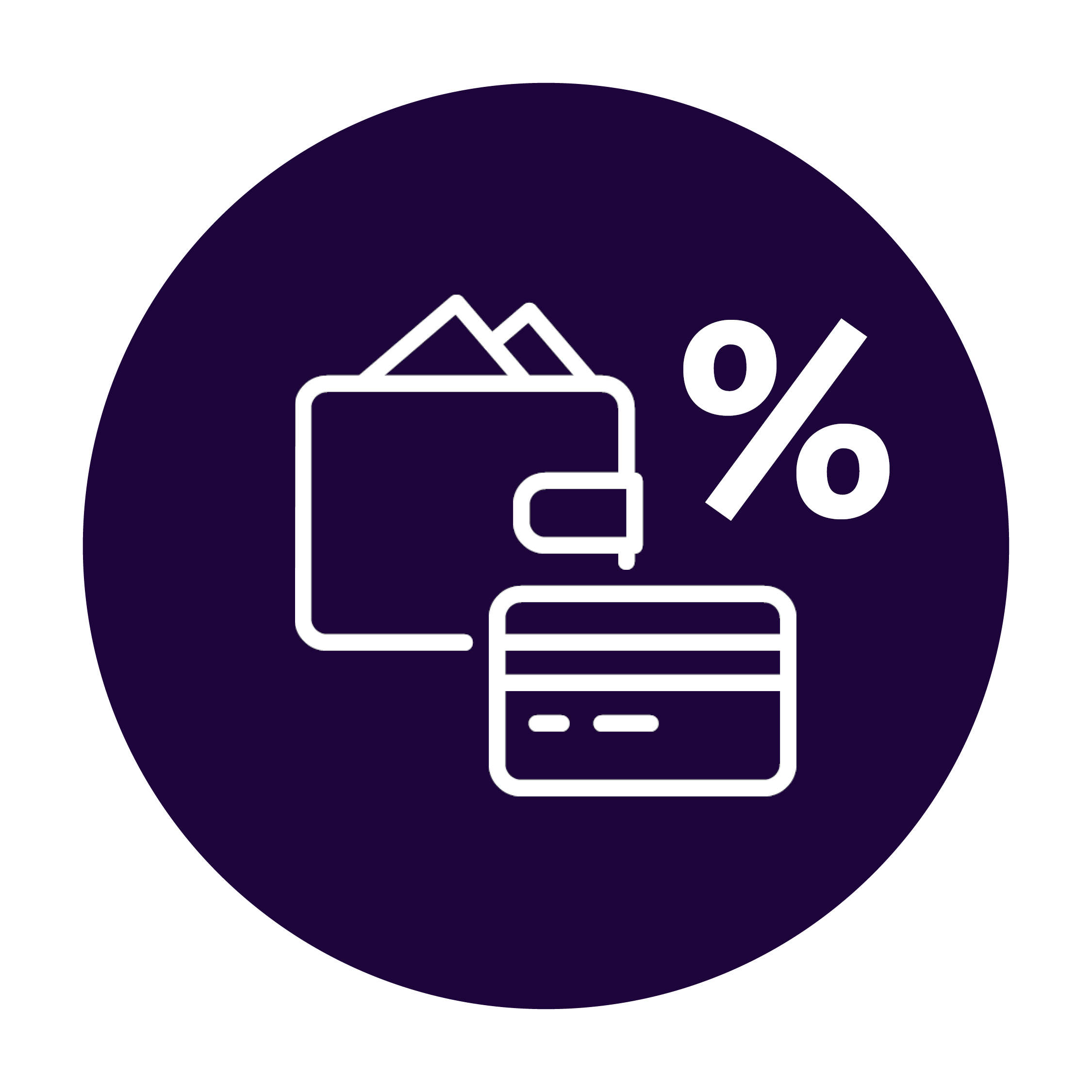 Icon für Corporate Benefits Visueller Aufbau: •	Kreisförmiges Icon mit dunkelviolettem Hintergrund •	Weiße Liniengrafik im minimalistischen Stil Symbolelemente: •	Es ist eine Brieftasche bzw. Portemonnaie abgebildet wo Gelscheine herausragen.  •	Davor ist eine Bank- oder Kreditkarte zu sehen •	Seitlich ist ein großes Prozentsymbol abgebildet Bedeutung der Symbolik: Angebot für Rabatte, Einsparungen und zusätzliche Vergünstigungen als Mitarbeiter Designsprache: •	Reduzierte, professionelle Liniengraphik •	Einheitliche Strichstärke •	Hoher Kontrast (weiß auf aubergine) •	Teil einer zusammenhängenden Icon-Serie für Mitarbeiter-Benefits